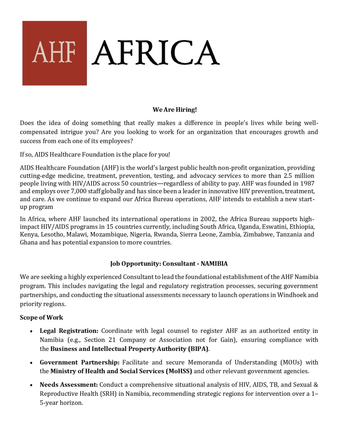 AIDS Healthcare Foundation (AHF) Job Opportunity: Consultant – NAMIBIA